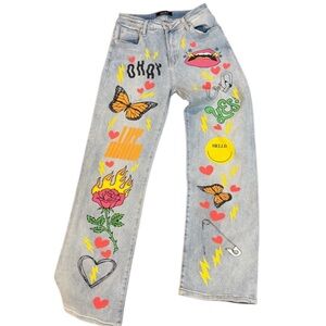 AKIRA Graphic Butterfly Pop Art Jeans High Rise Statement Denim Size 27